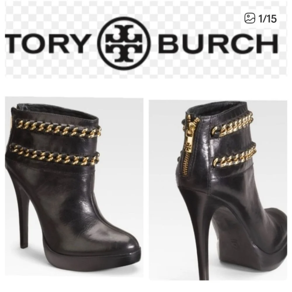TORY BURCH Lysa Black‎ Leather Platform Chain Heeled Boots Size 9.5